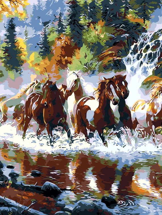 Malowanie po numerach – Konie przez rzekę – 40×50 rama